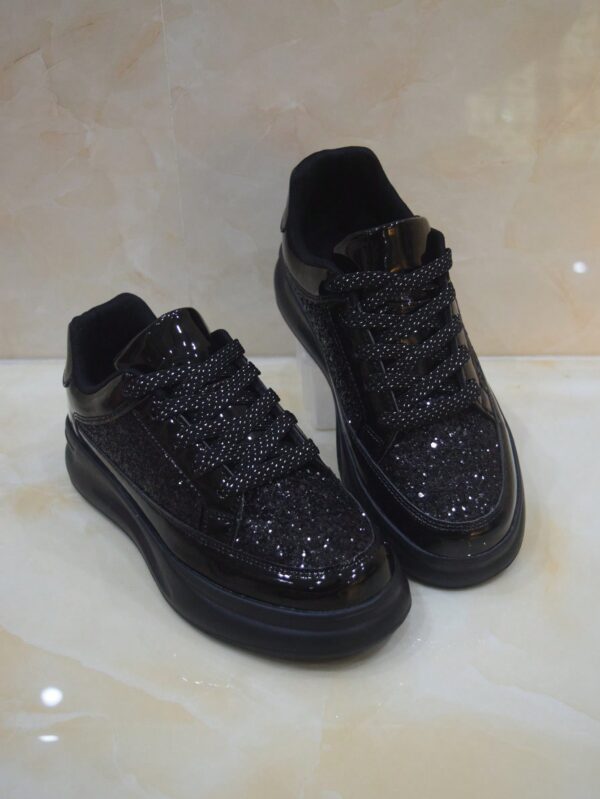 Men's Sparkling Black Diamond Lace-Up Sneakers, Fashionable Casual Sports Shoes With Soft Soles,Role-Playing Shiny Casual Sports Shoes With Black Sequins & Decorative Ribbon%010602