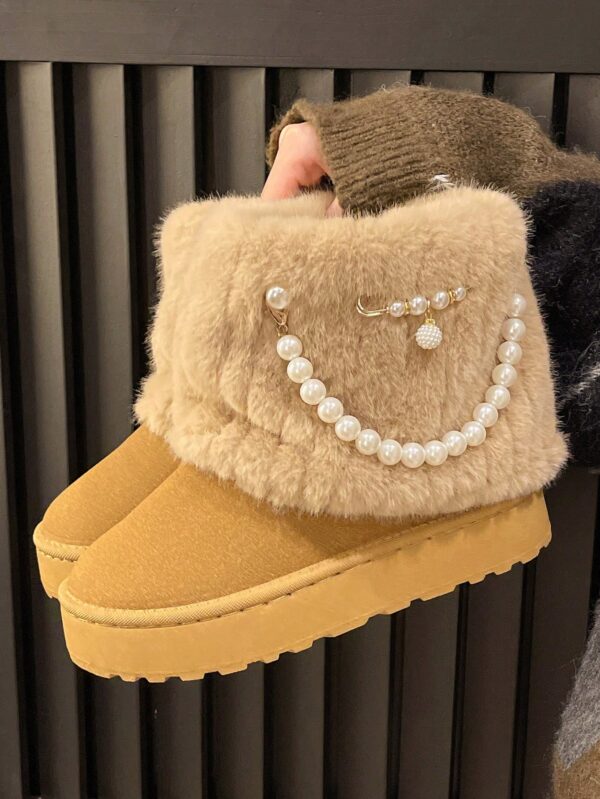 New Arrival Women's Fashionable, Comfortable And Simple Apricot Slip-On Shoes With Round Toe, Fleece Lining, Microfiber Upper,  Faux Pearl Decoration, Casual Thick-Soled Non-Slip Shoes For Autumn, Winter And Snowy Days%010310