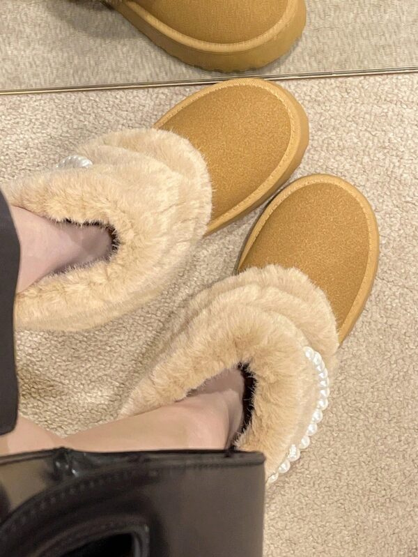 New Arrival Women's Fashionable, Comfortable And Simple Apricot Slip-On Shoes With Round Toe, Fleece Lining, Microfiber Upper,  Faux Pearl Decoration, Casual Thick-Soled Non-Slip Shoes For Autumn, Winter And Snowy Days%010310 - Image 5