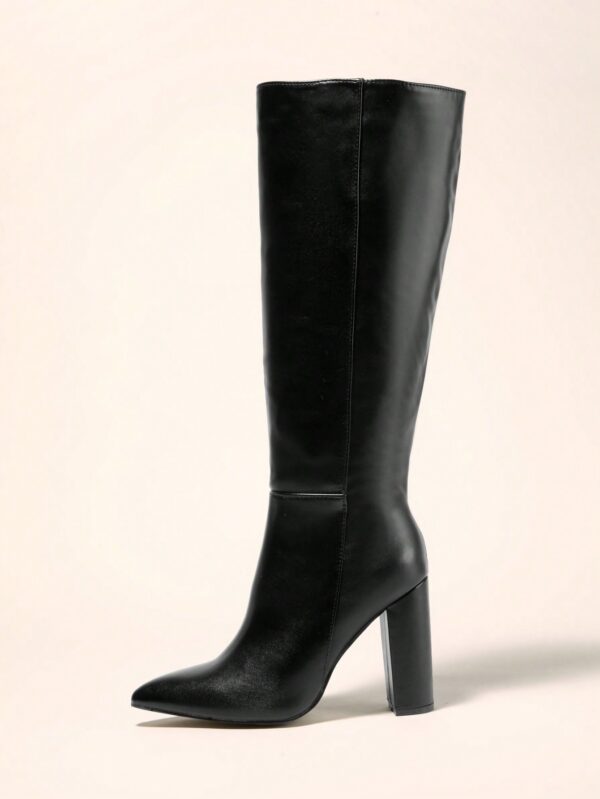 Women's Pointed Toe Chunky Heel Over The Knee Boots, Ladies Leather High Boots With Side Zipper For Autumn And Winter, Sexy Classic Knee High Boots In Black%010401 - Image 3