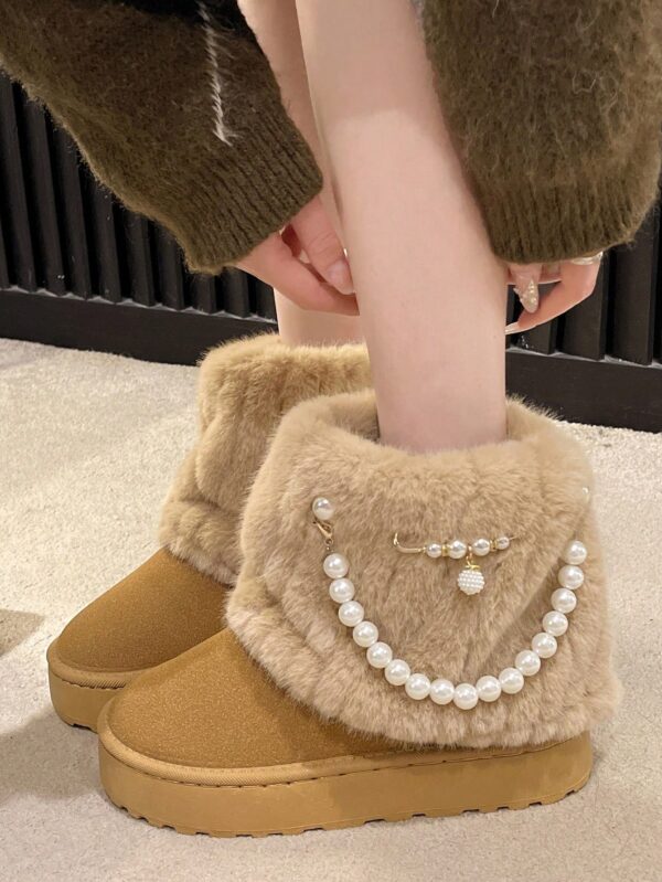 New Arrival Women's Fashionable, Comfortable And Simple Apricot Slip-On Shoes With Round Toe, Fleece Lining, Microfiber Upper,  Faux Pearl Decoration, Casual Thick-Soled Non-Slip Shoes For Autumn, Winter And Snowy Days%010310 - Image 4