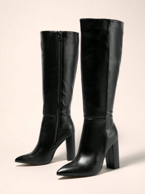Women's Pointed Toe Chunky Heel Over The Knee Boots, Ladies Leather High Boots With Side Zipper For Autumn And Winter, Sexy Classic Knee High Boots In Black%010401 - Image 4