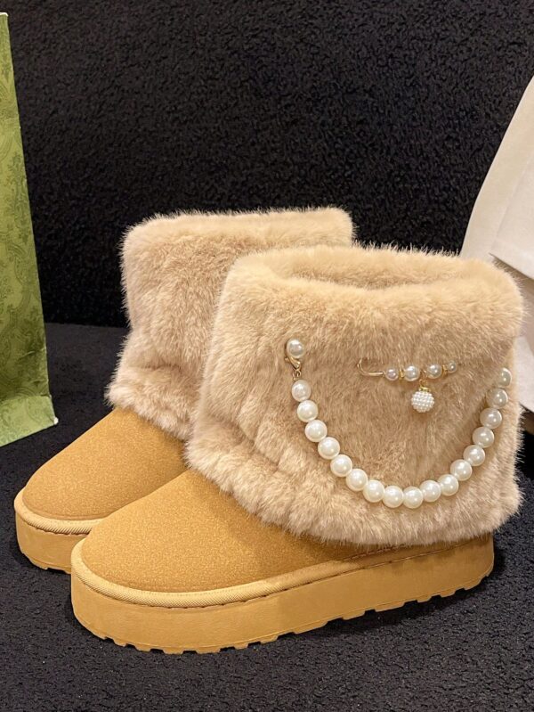 New Arrival Women's Fashionable, Comfortable And Simple Apricot Slip-On Shoes With Round Toe, Fleece Lining, Microfiber Upper,  Faux Pearl Decoration, Casual Thick-Soled Non-Slip Shoes For Autumn, Winter And Snowy Days%010310 - Image 3