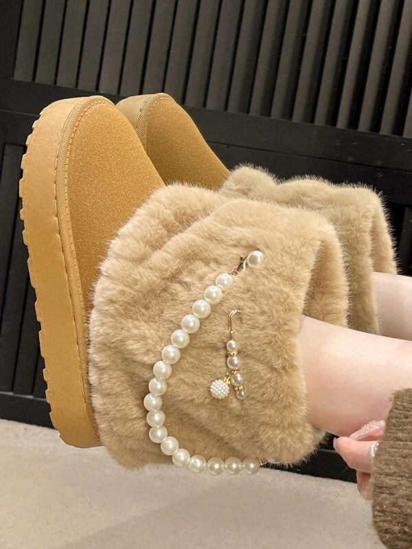 New Arrival Women's Fashionable, Comfortable And Simple Apricot Slip-On Shoes With Round Toe, Fleece Lining, Microfiber Upper,  Faux Pearl Decoration, Casual Thick-Soled Non-Slip Shoes For Autumn, Winter And Snowy Days%010310 - Image 2